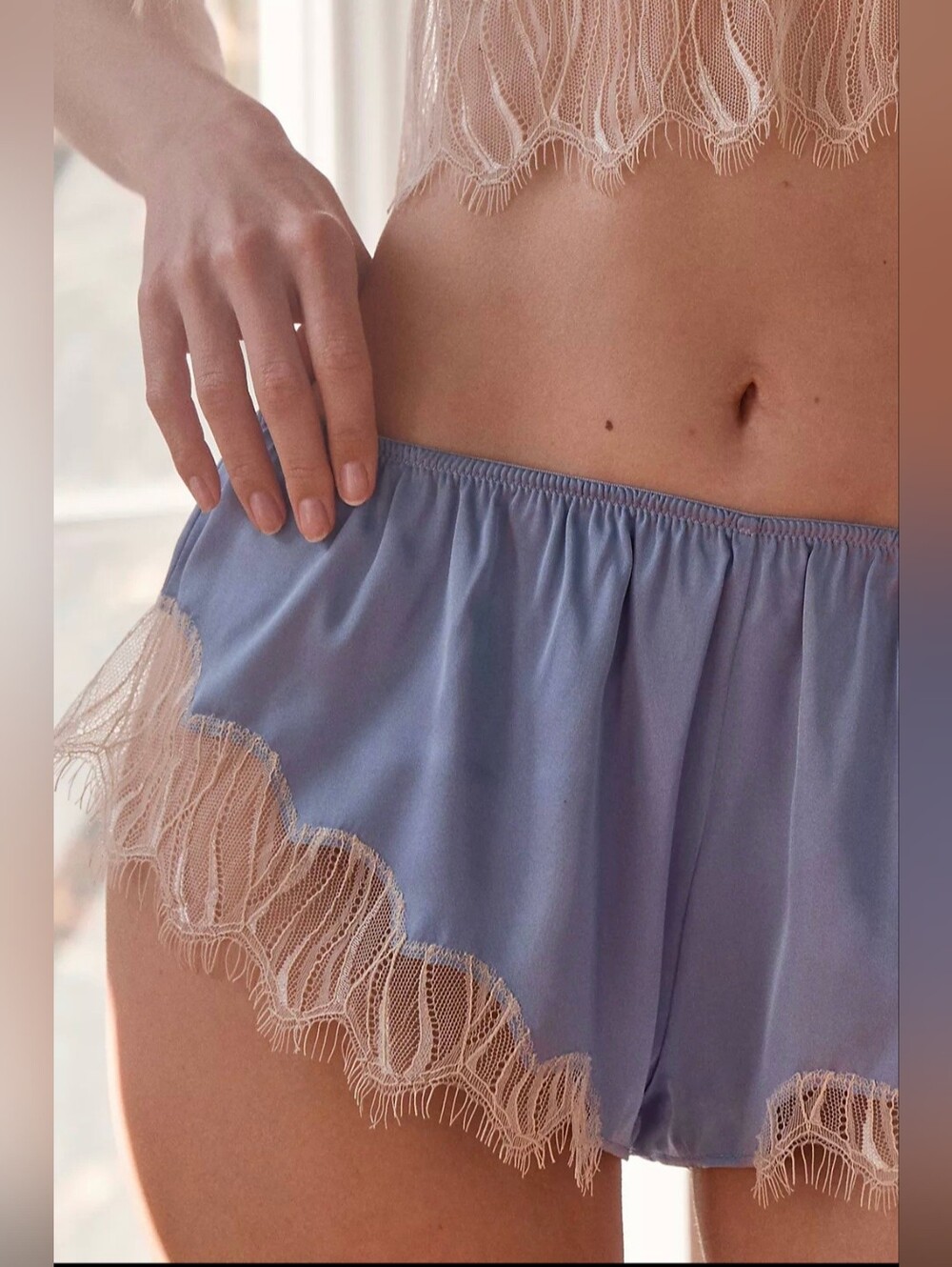 Anthropologie Lace-Trim Satin Tap Shorts in Cosmic Sky from LyreBird